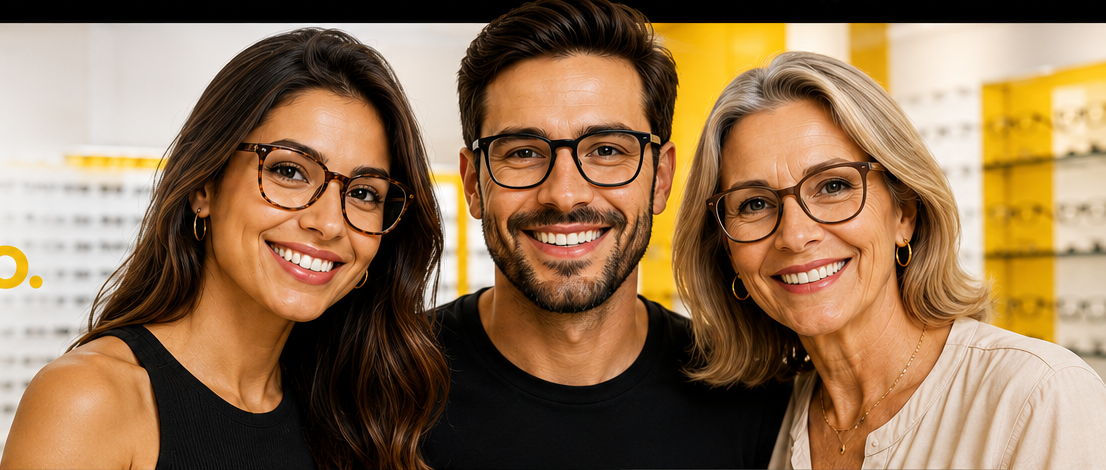 Clientes usando armações modernas da Ótica Popular